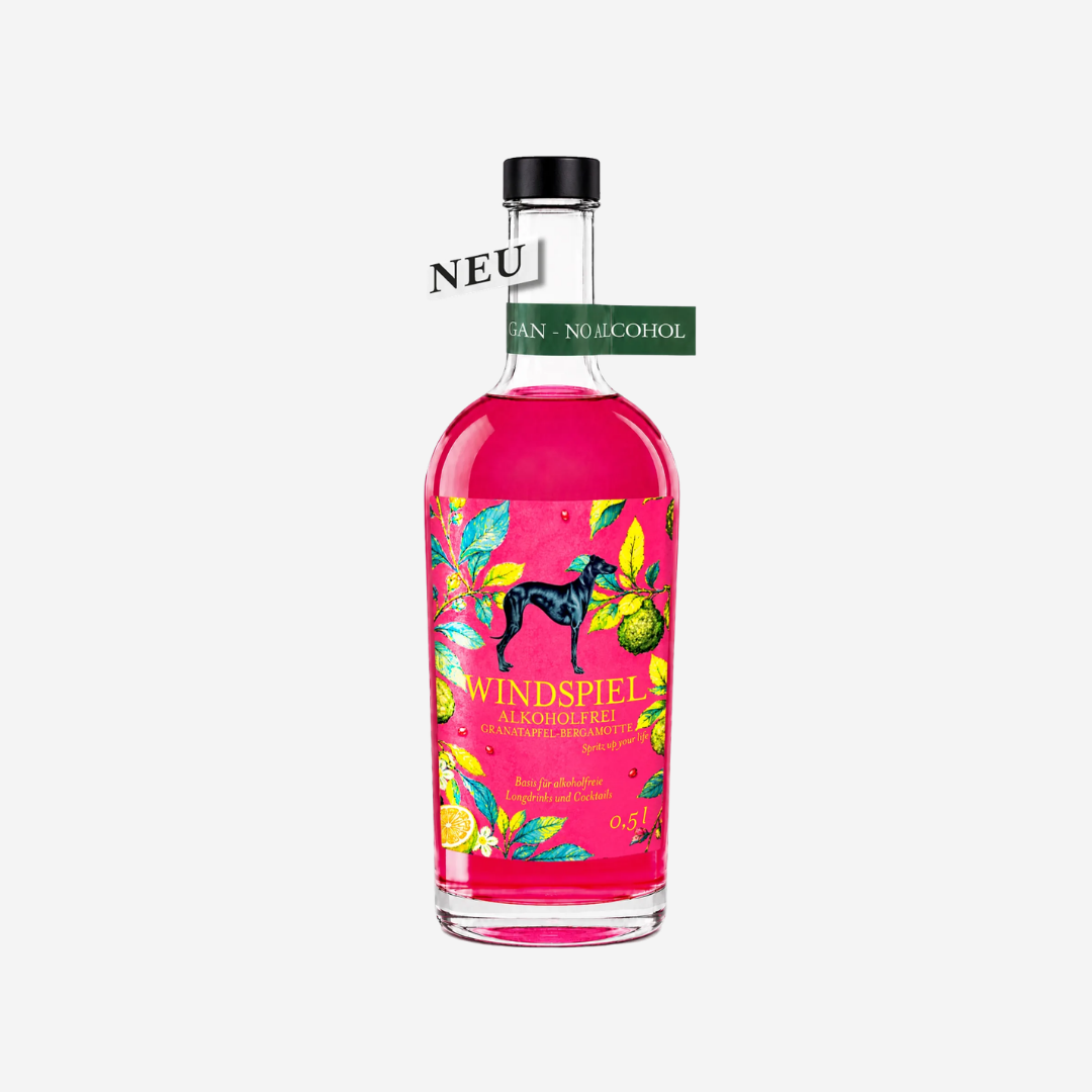 Windspiel windspel met granaatappel en bergamot, alcoholvrije aperitief in roze fles, 0,5 liter, verfrissend en smaakvol.