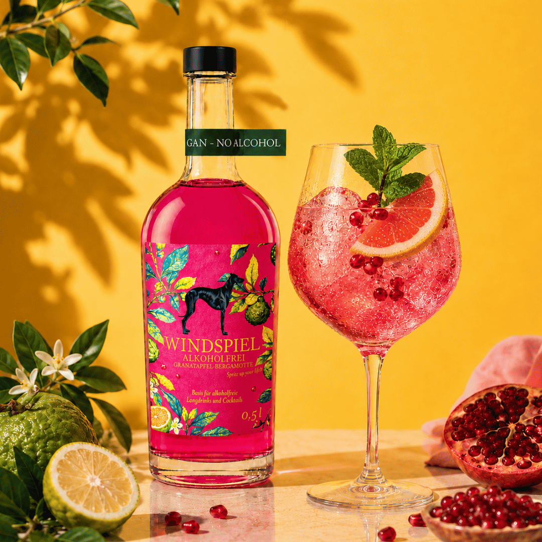 Windspiel windspiel met granaatappel en bergamot, alcoholvrije spritz in roze fles, verfrissend en aromatisch.