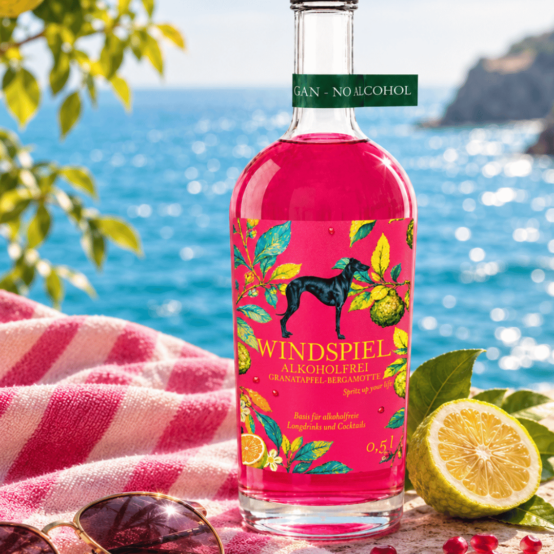 Windspiel windspel met granaatappel en bergamot, alcoholvrij aperitief in een heldere fles, zichtbaar in de afbeelding.